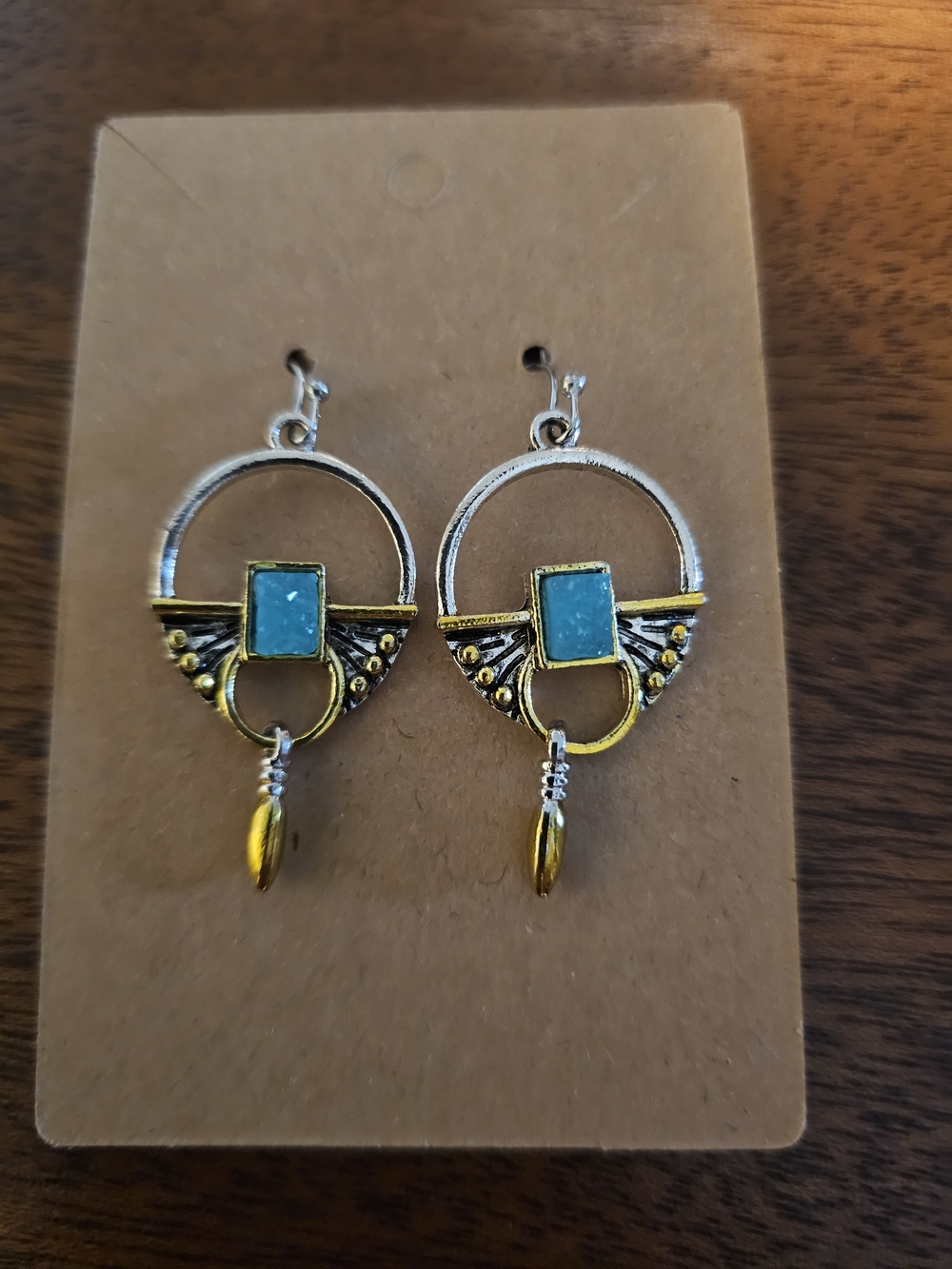 Fashion Turquoise Accent Two-Tone Hoop Drop Earrings Art Nouveau Style